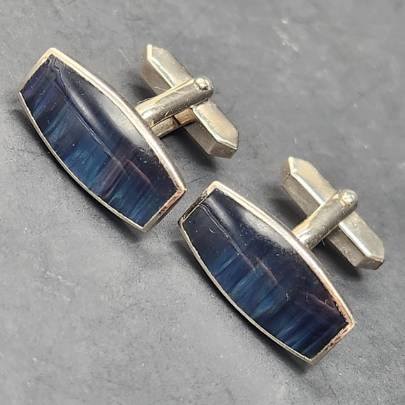Vintage Other - Vintage 80s cufflinks blue tiger eye silver tone almond bullet back Made Germany